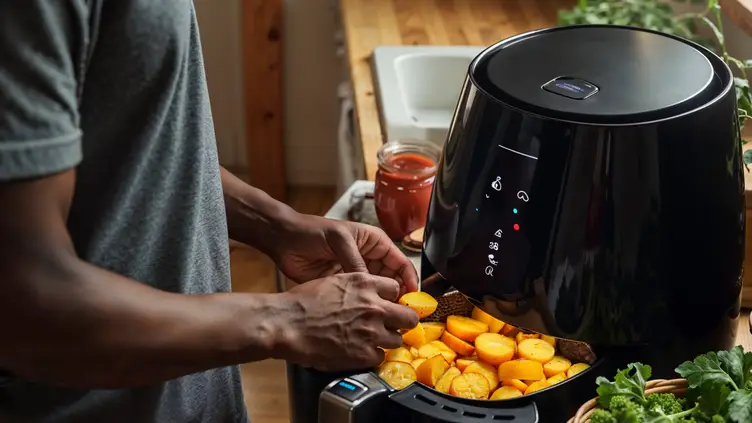 Pessoa colocando batatas picadas dentro de uma airfryer preta em cima de bancada de cozinha