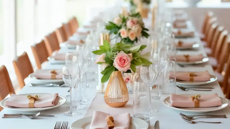 Mesa de jantar organizada para convidados de casamento com decoração em tons de rosa e dourado