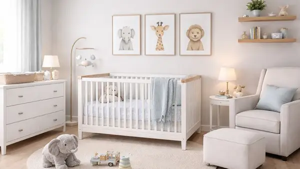 Quarto de bebê com berço branco, poltrona de amamentação, cômoda, tapete claro e quadros de animais nas paredes
