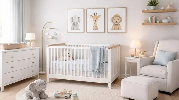 Quarto de bebê com berço branco, poltrona de amamentação, cômoda, tapete claro e quadros de animais nas paredes