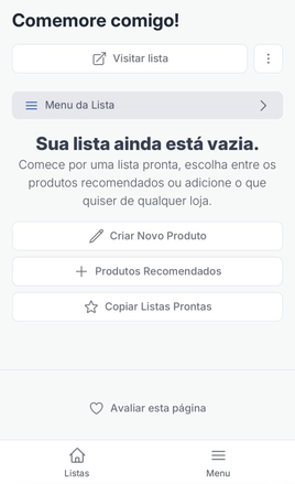 Tela do app do Lista Ideal mostrando que a lista está vazia com opções para criar ou adicionar produtos