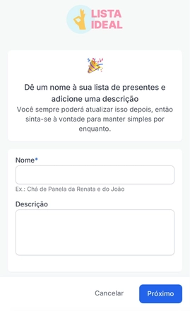 Tela do app do Lista Ideal com campos para inserir o nome e a descrição da lista de presentes