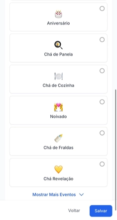 Tela do Lista Ideal com opções de tipo de evento como Aniversário, Chá de Panela, Noivado e Chá de Fraldas