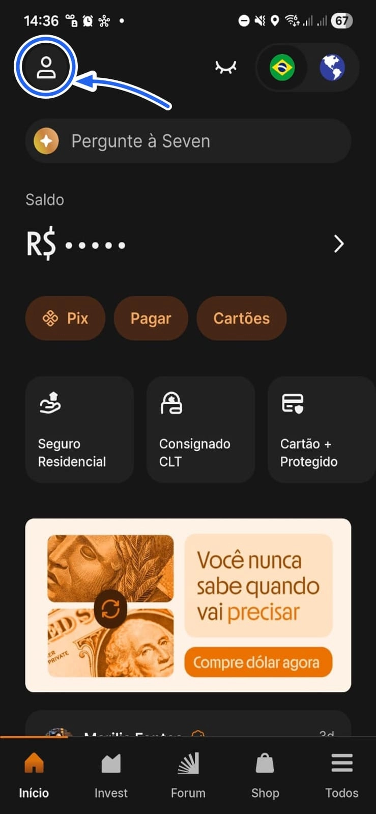 Tela inicial do app do Inter com o ícone de perfil no canto superior esquerdo