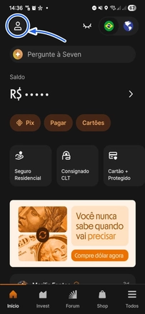 Tela inicial do app do Inter com o ícone de perfil no canto superior esquerdo