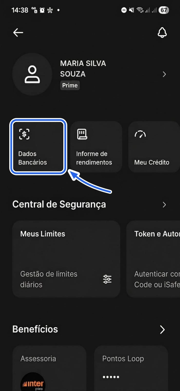 Tela de perfil do Inter com o atalho Dados Bancários