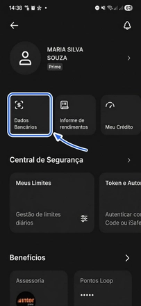 Tela de perfil do Inter com o atalho Dados Bancários