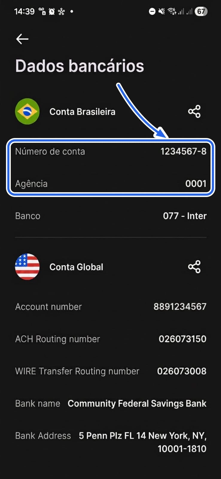 Tela Dados bancários do Inter mostrando Número de conta 1234567-8 e Agência 0001
