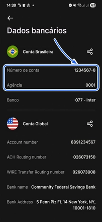 Tela Dados bancários do Inter mostrando Número de conta 1234567-8 e Agência 0001