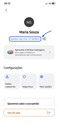 Tela de perfil do Itaú mostrando Ag 1234 e CC 56789-0