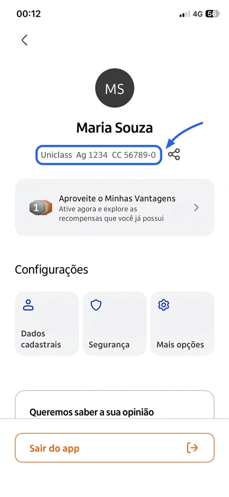 Tela de perfil do Itaú mostrando Ag 1234 e CC 56789-0