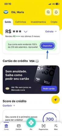 Tela inicial do app do Mercado Pago com o botão Depositar