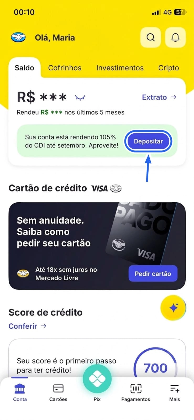 Tela inicial do app do Mercado Pago com o botão Depositar