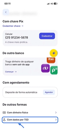 Tela de depósito do Mercado Pago com a opção Com dados por TED