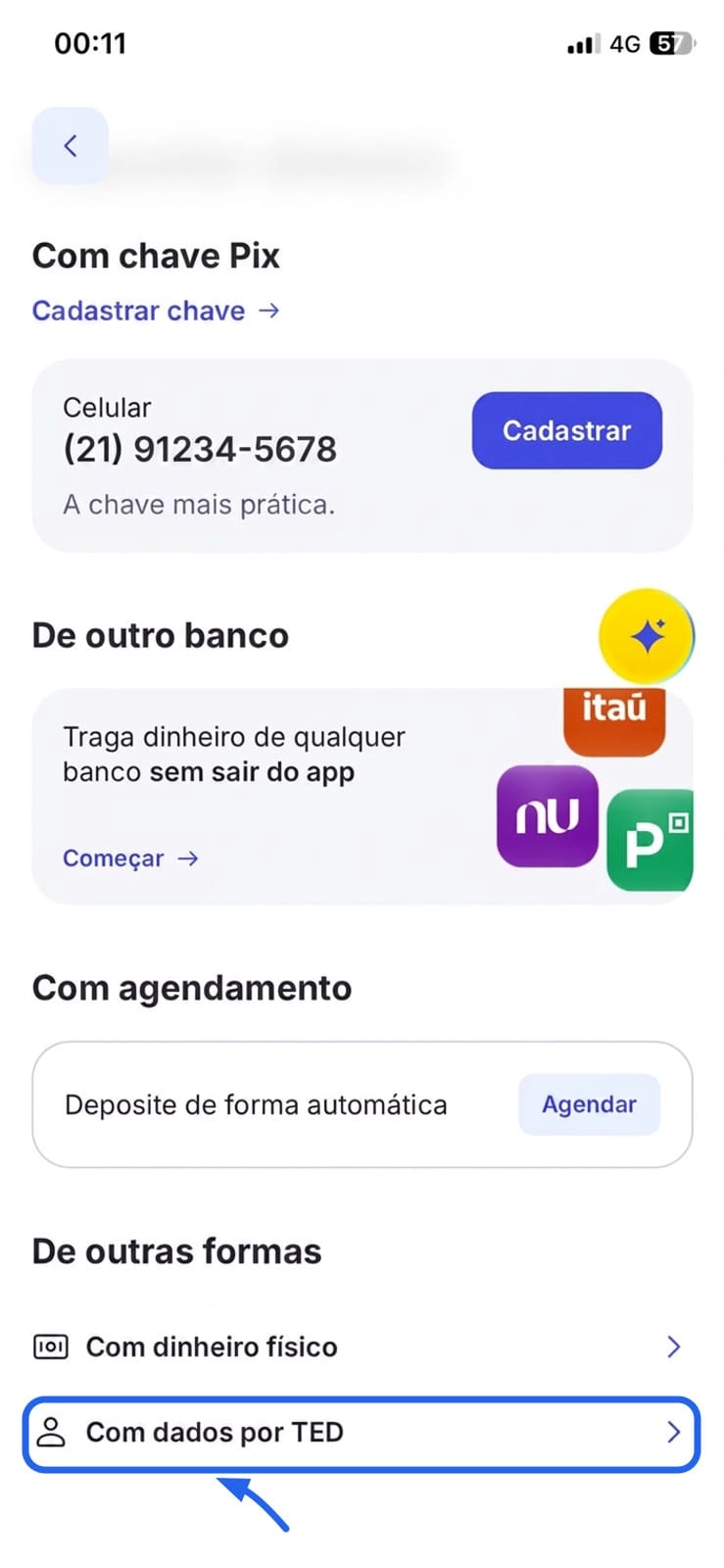 Tela de depósito do Mercado Pago com a opção Com dados por TED