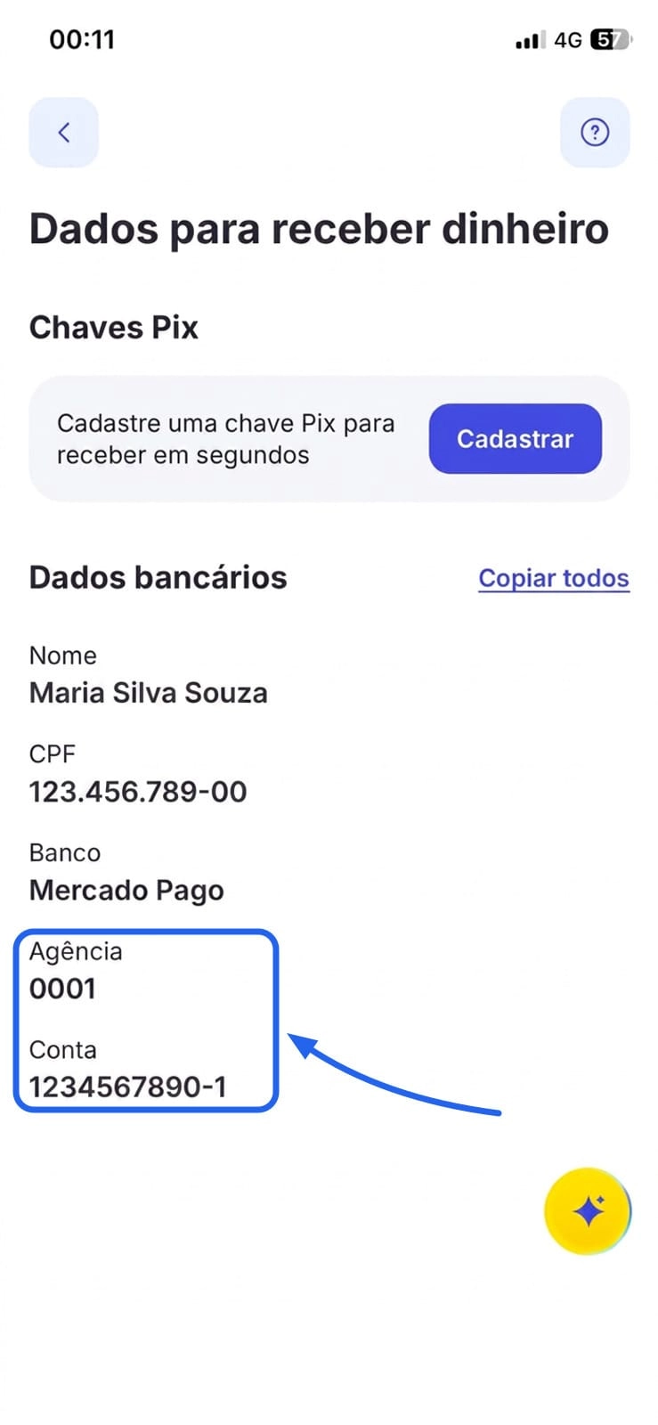 Tela de dados bancários do Mercado Pago mostrando Agência 0001 e Conta 1234567890-1