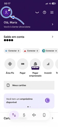 Tela inicial do app do Nubank com a foto de perfil no canto superior esquerdo