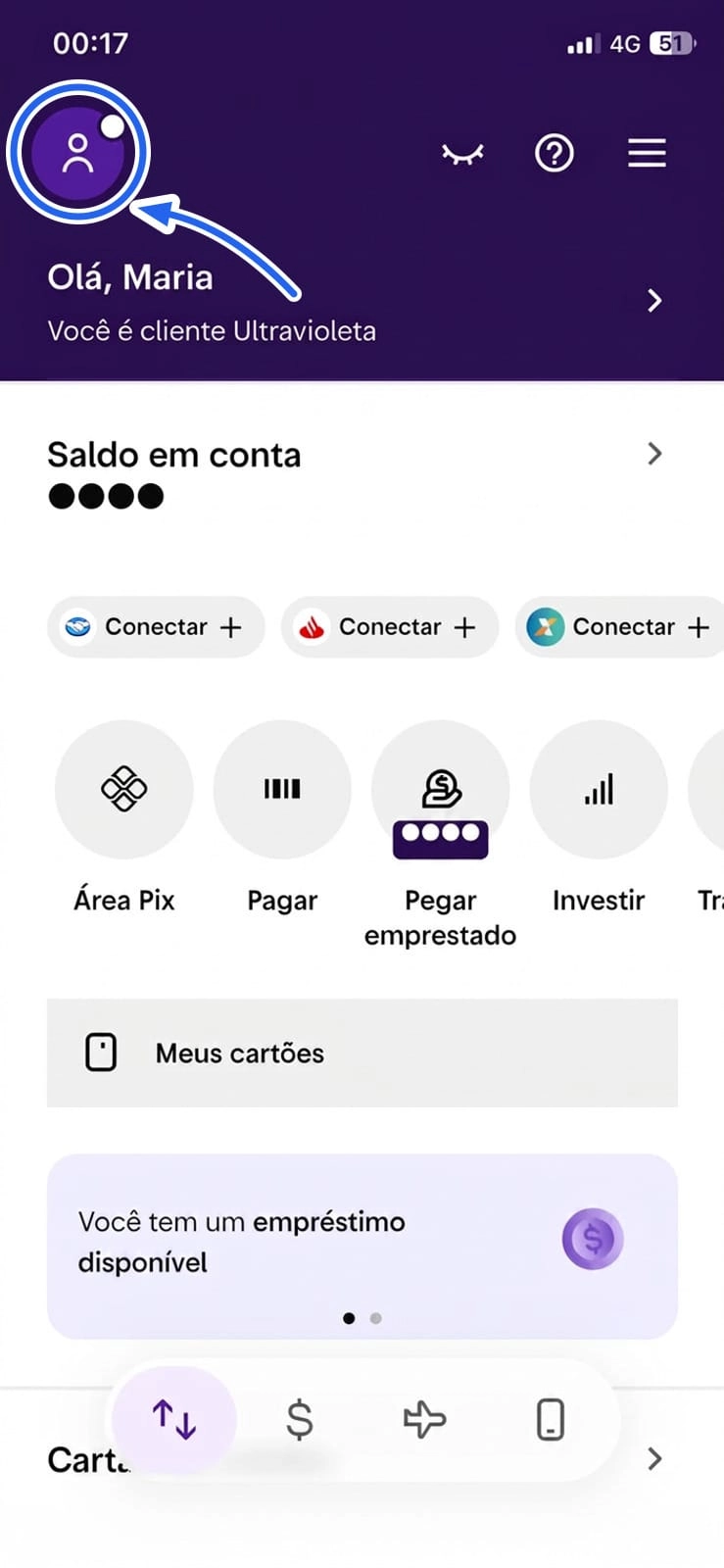 Tela inicial do app do Nubank com a foto de perfil no canto superior esquerdo