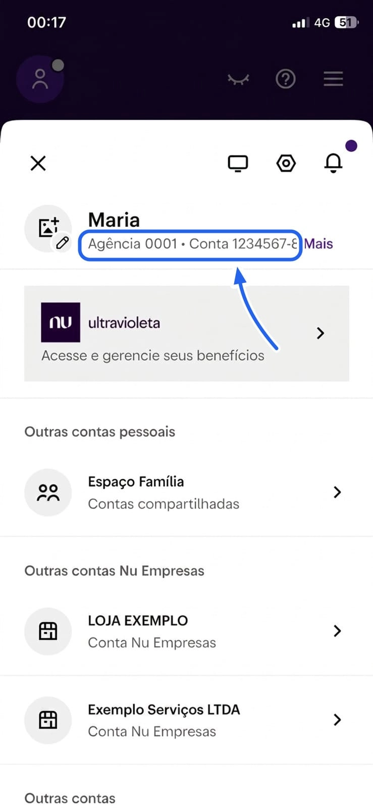 Menu do perfil do Nubank mostrando Agência 0001 e Conta 1234567-8