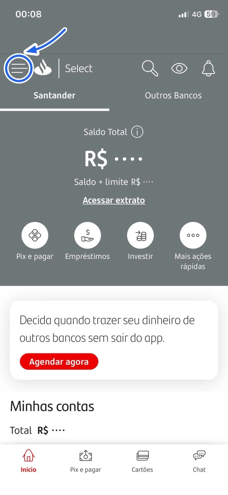 Tela inicial do app do Santander com o menu no canto superior esquerdo