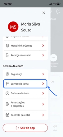 Menu do Santander com a opção Serviço da conta em Gestão da conta