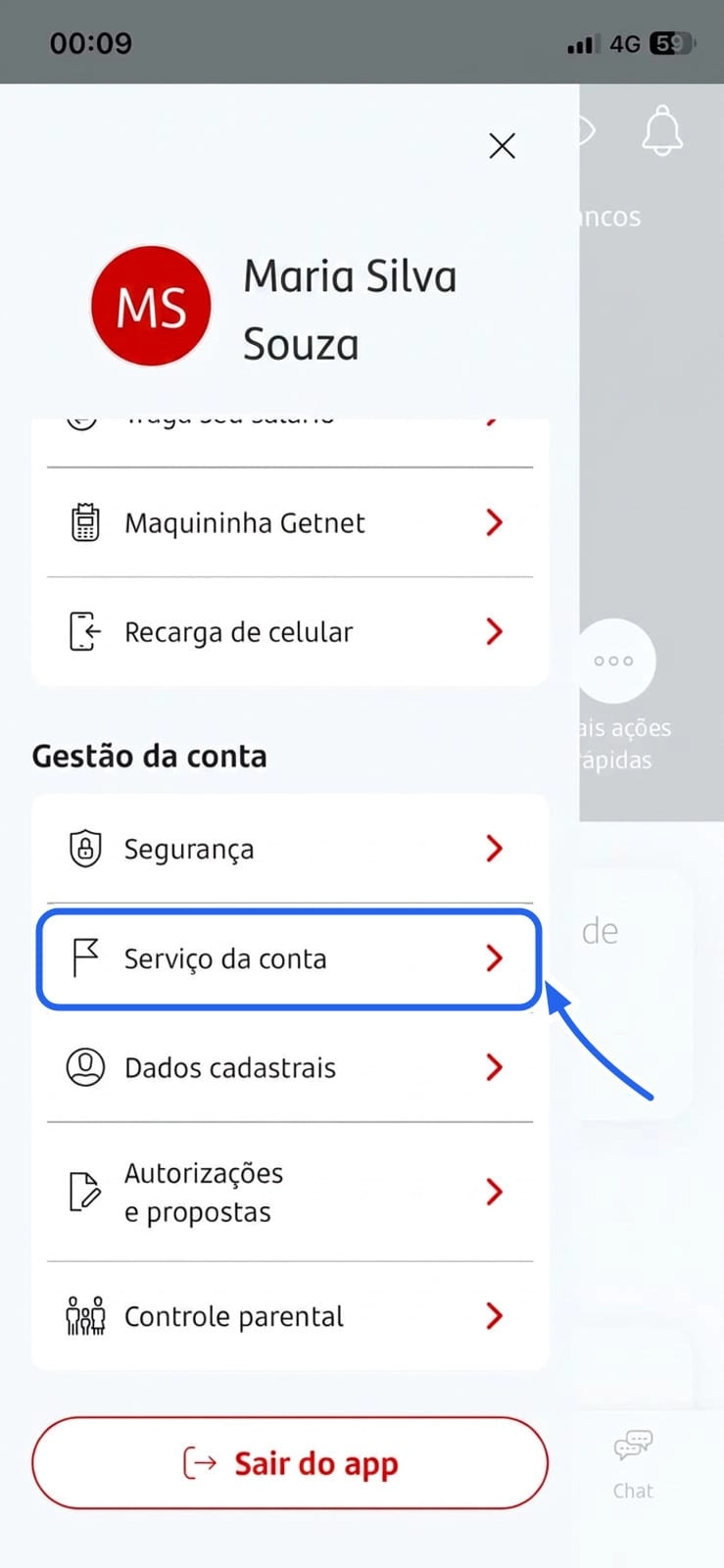 Menu do Santander com a opção Serviço da conta em Gestão da conta