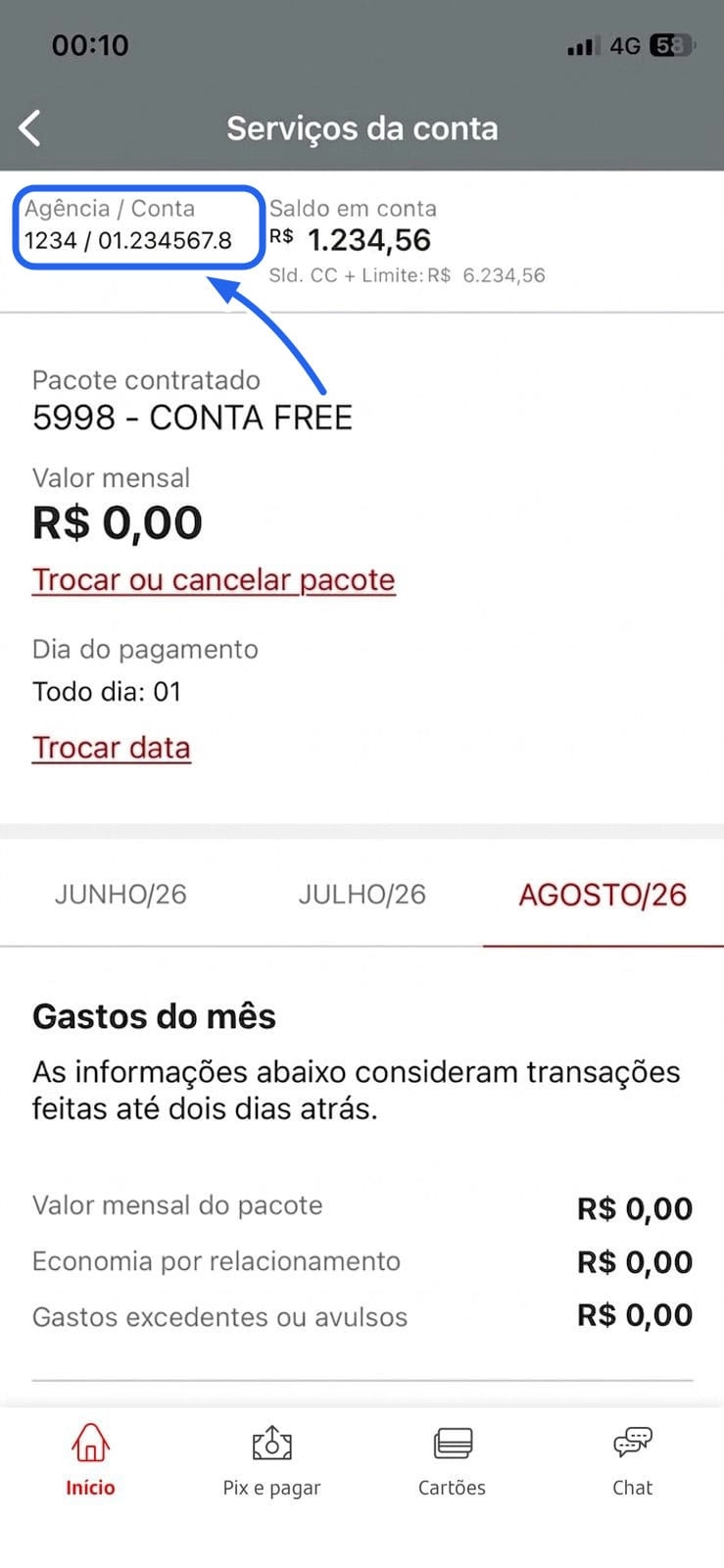 Tela Serviços da conta do Santander mostrando Agência / Conta 1234 / 01.234567.8