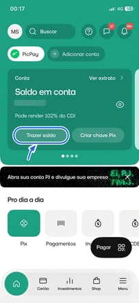 Tela inicial do app do PicPay com o botão Trazer saldo