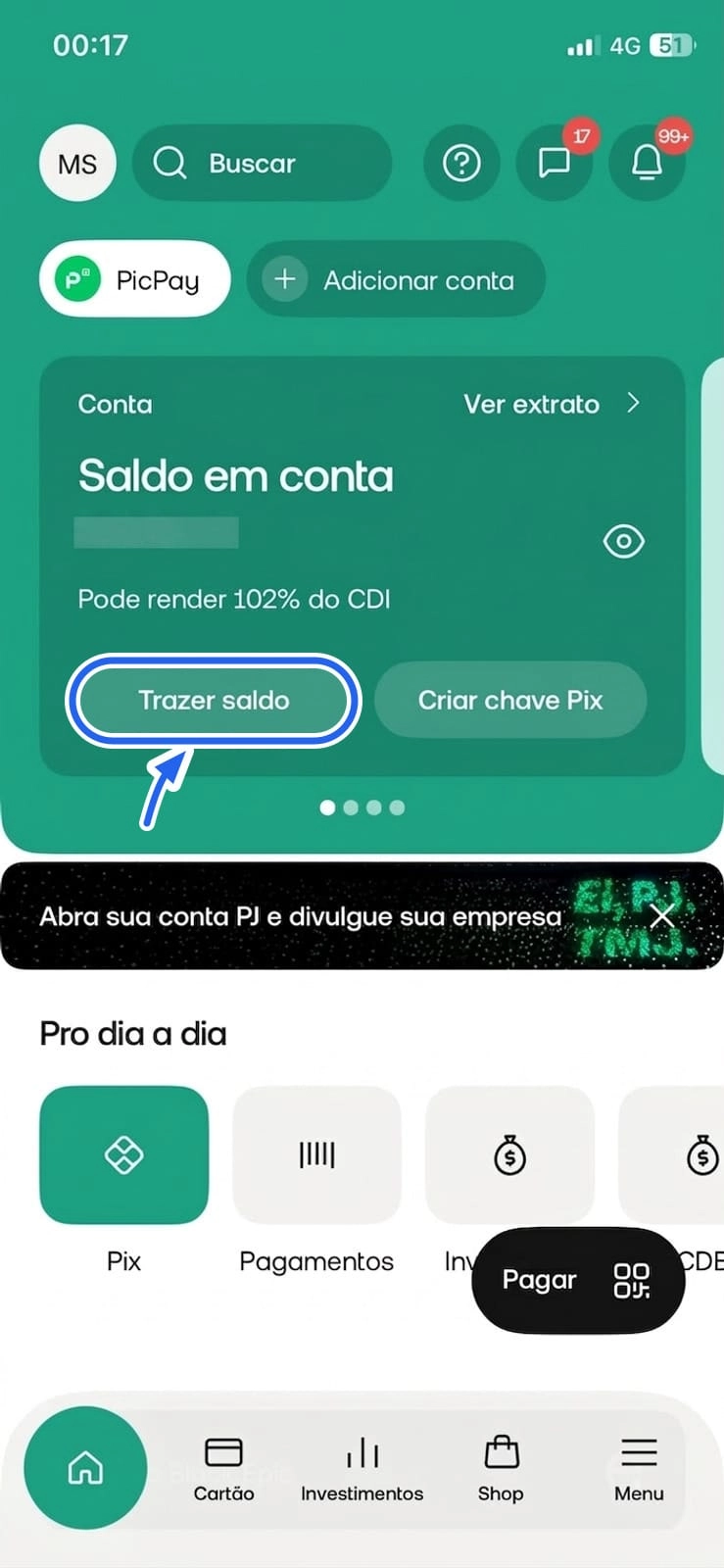 Tela inicial do app do PicPay com o botão Trazer saldo