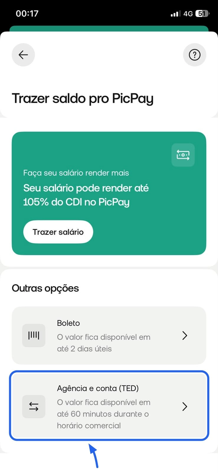 Tela Trazer saldo pro PicPay com a opção Agência e conta (TED)