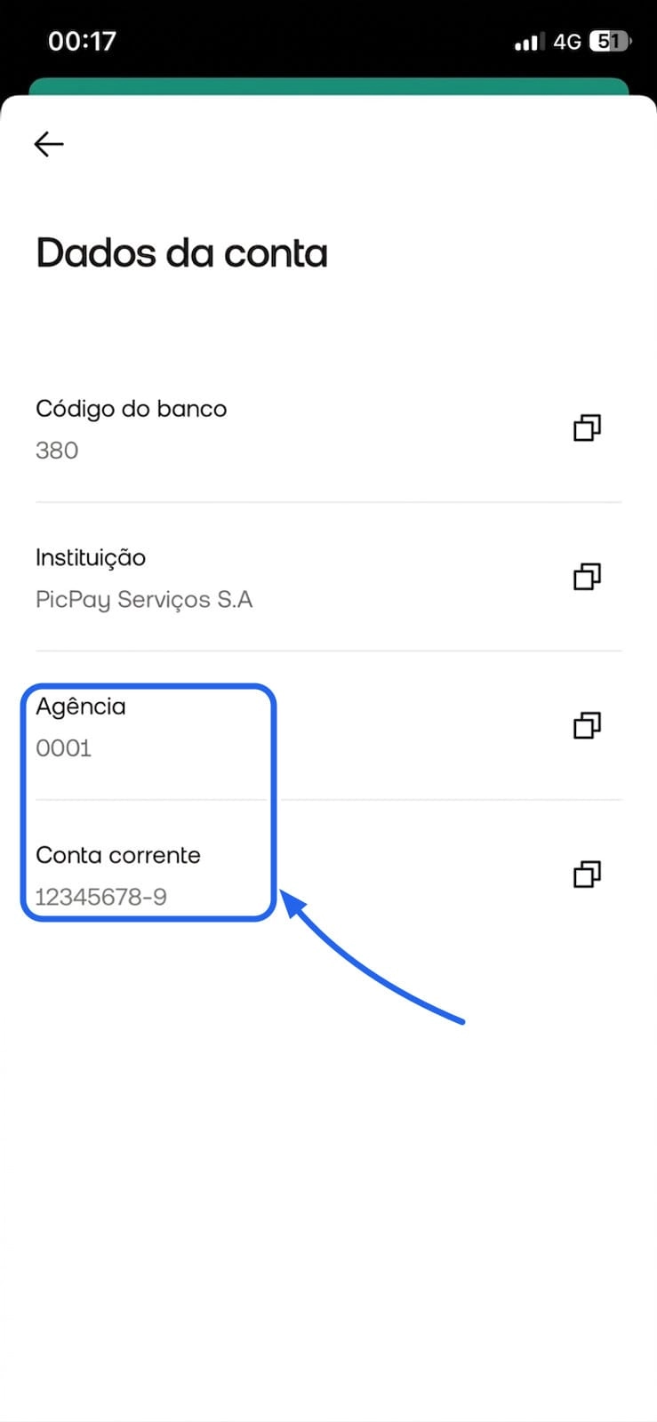 Tela Dados da conta do PicPay mostrando Agência 0001 e Conta corrente 12345678-9
