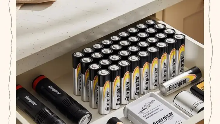 Gaveta organizada com diversas pilhas Energizer em pé e duas lanternas pretas da mesma marca ao lado