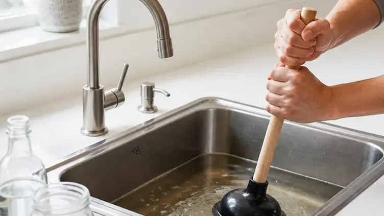 Pessoa usando um desentupidor de pia manual em uma pia de cozinha de aço inoxidável