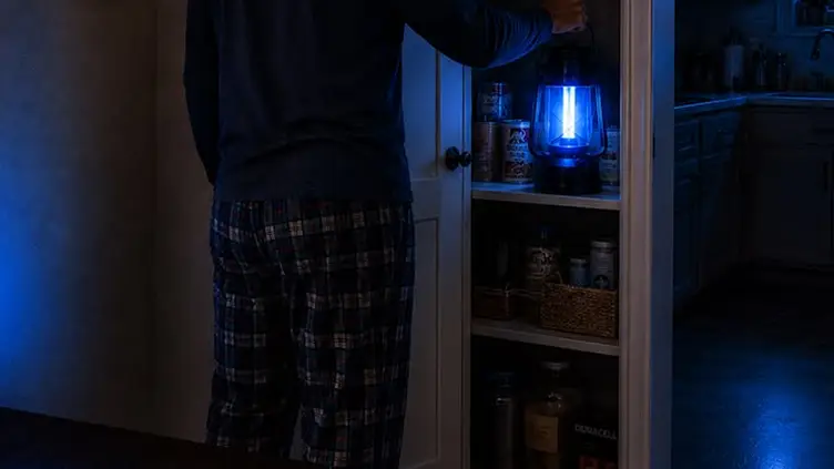 Pessoa de pijama segurando uma lanterna azul dentro de uma despensa escura
