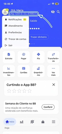 Tela inicial do app do Banco do Brasil mostrando Ag. 1234-5 e Cc. 67890-1 abaixo do nome