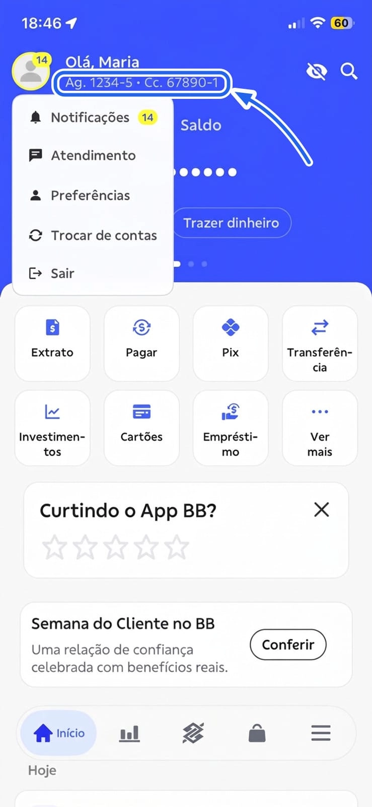 Tela inicial do app do Banco do Brasil mostrando Ag. 1234-5 e Cc. 67890-1 abaixo do nome