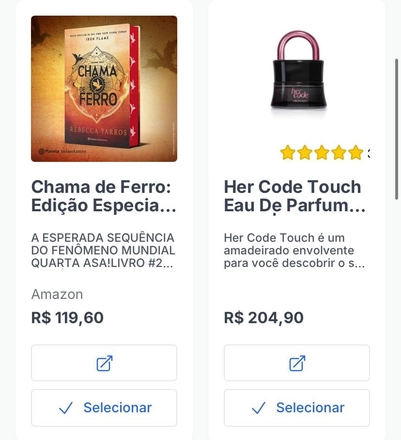 Dois cards de produtos do Lista Ideal mostrando o livro Chama de Ferro e o perfume Her Code Touch