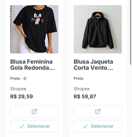 Tela do Lista Ideal mostrando cards de uma blusa feminina preta e uma jaqueta corta vento preta com botão Selecionar