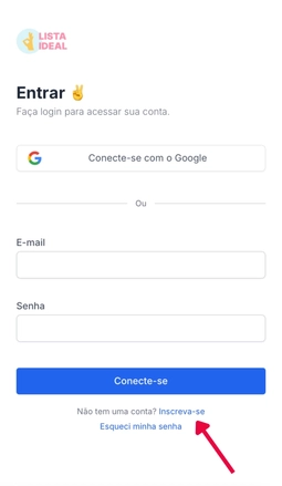 Tela de login do site o Lista Ideal com formulário de acesso e link para Inscreva-se
