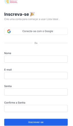 Tela de cadastro do Lista Ideal com campos para nome, e-mail, senha e opção de entrar com o Google