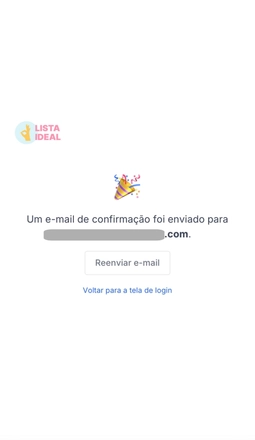Tela do Lista Ideal informando o envio de e-mail de confirmação com opção de reenviar e-mail e voltar ao login