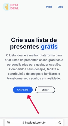 Tela do site o Lista Ideal mostrando o botão Criar Lista em destaque com uma seta vermelha apontando para ele