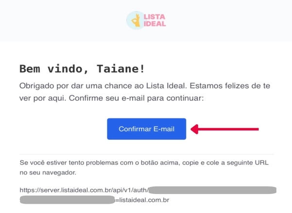 Tela de confirmação de e-mail do Lista Ideal com uma seta vermelha apontando para o botão Confirmar E-mail