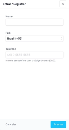 Tela de cadastro do Lista Ideal com campos para nome, país e telefone e botão Acessar