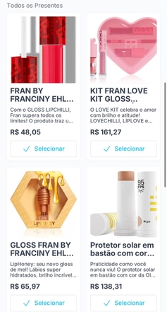 Tela de lista de presentes no Lista Ideal exibindo produtos com o botão Selecionar para compra