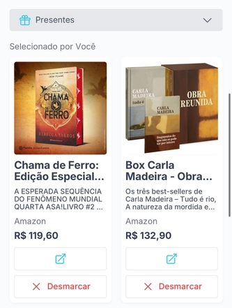 Tela de presentes selecionados no Lista Ideal com cards dos livros Chama de Ferro e Box Carla Madeira