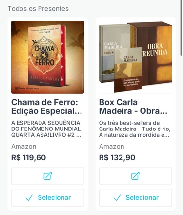 Tela do Lista Ideal mostrando cards de livros com foto, preço, botão de link externo e botão Selecionar em destaque