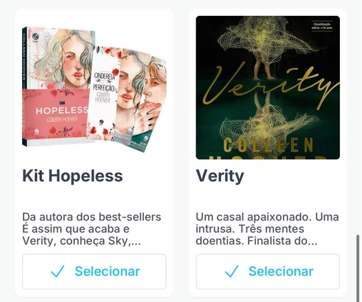 Tela com dois cards de presentes mostrando livros da autora Colleen Hoover e botão Selecionar no Lista Ideal