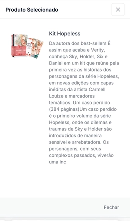 Tela do Lista Ideal mostrando detalhes do Kit Hopeless com foto dos livros e descrição para o convidado