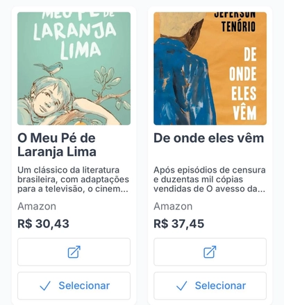 Tela do Lista Ideal exibindo dois cards de livros com opção de preço e botão para selecionar presente